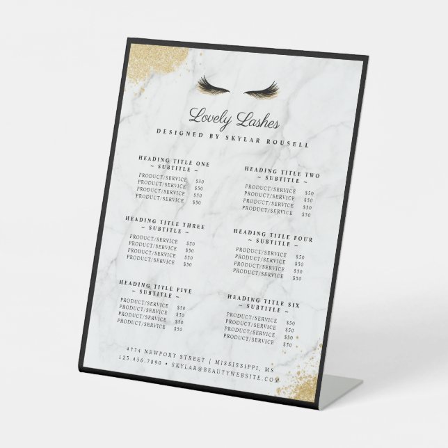 Black & Gold Eyelash Beauty Salon Service List Pedestal Sign (Front)