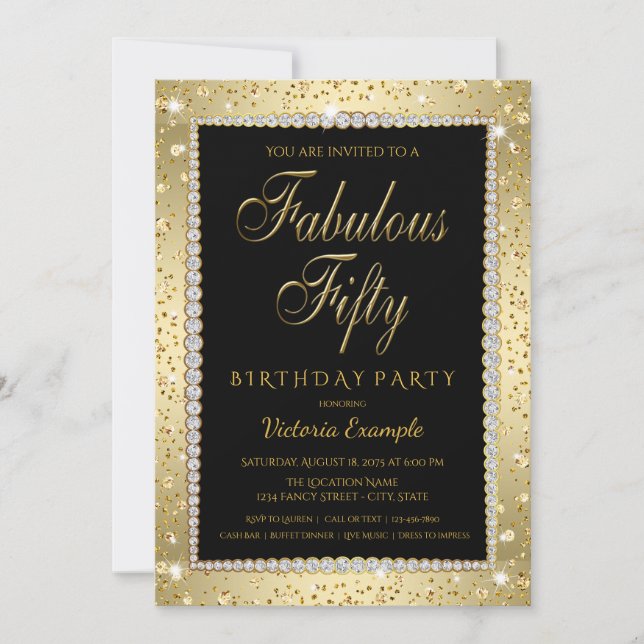 Black Gold Fabulous 50 Birthday Party Invitations (Front)
