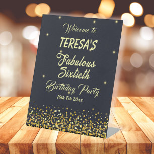 Black & gold fabulous sixtieth birthday welcome pedestal sign