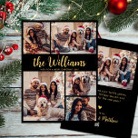 Black Gold Family Name 5 Photo Collage Christmas  Holiday Card<br><div class="desc">Modern Simple Elegant Black and Gold Calligraphy 5 Photo Collage Family Name Script Merry Christmas Holiday Card. This festive, minimalist, whimsical five (5) photo holiday greeting card template features a pretty grid photo collage, a huge bold "Family Name" text which is written in a pretty hand lettered swirly brush font...</div>