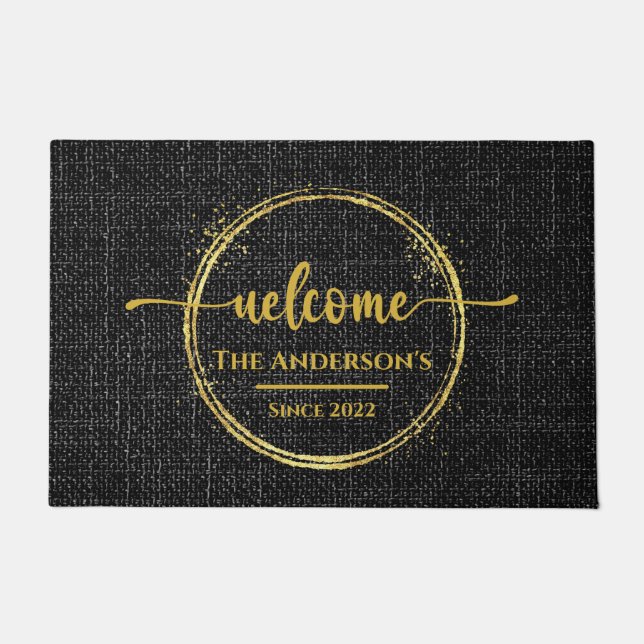 Black & Gold Family Name Plain Burlap Doormat (Front)