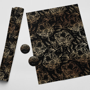 Black Gold Faux Elegant Florals Wedding Gift Wrapping Paper