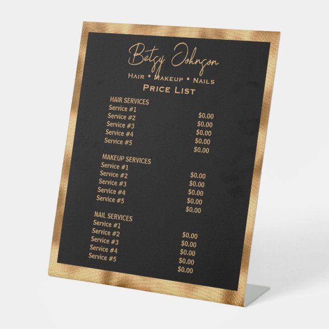 Black & Gold Faux Foil Beauty Salon Price List Pedestal Sign (Front)
