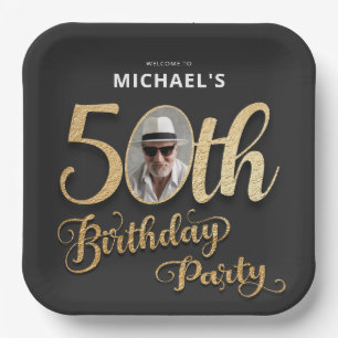 Black Gold Faux Foil Custom Photo 50th Birthday Paper Plate