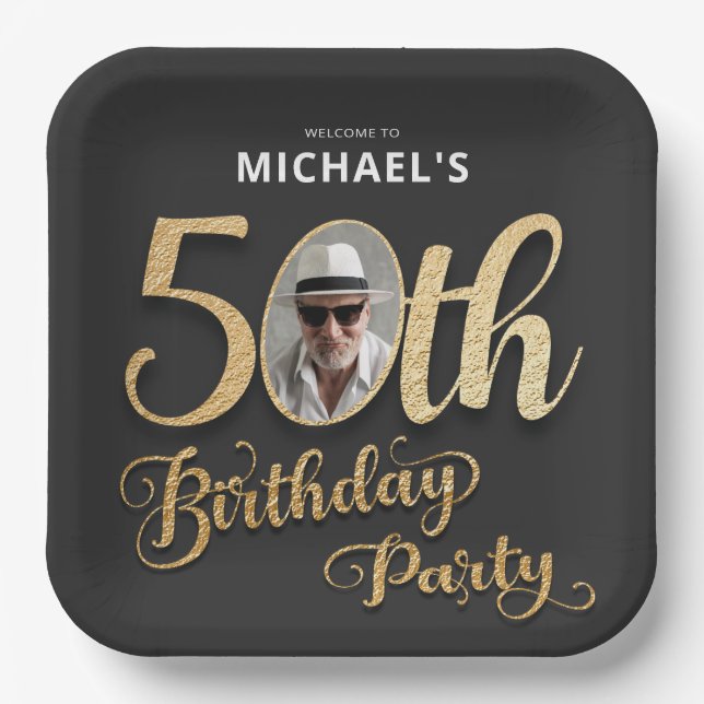 Black Gold Faux Foil Custom Photo 50th Birthday Paper Plate (Front)