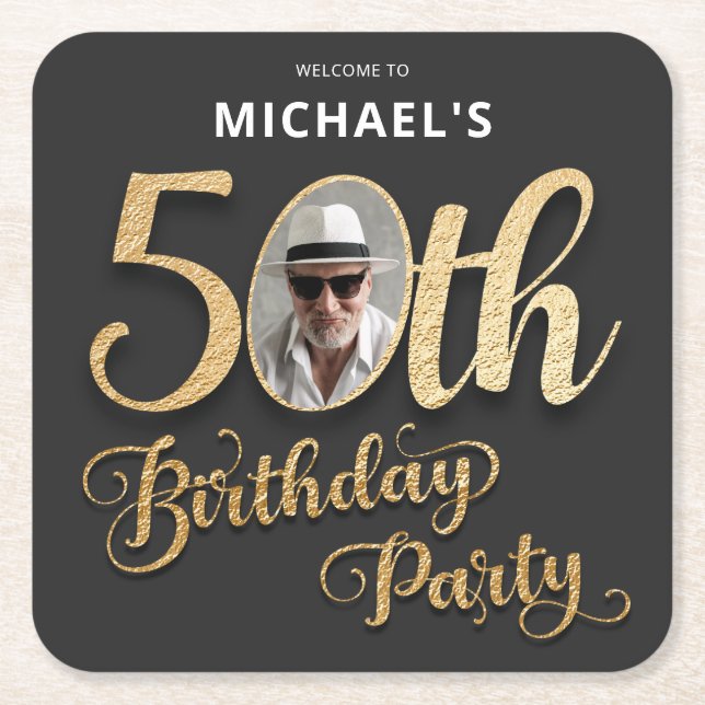 Black Gold Faux Foil Custom Photo 50th Birthday Square Paper Coaster (Front)