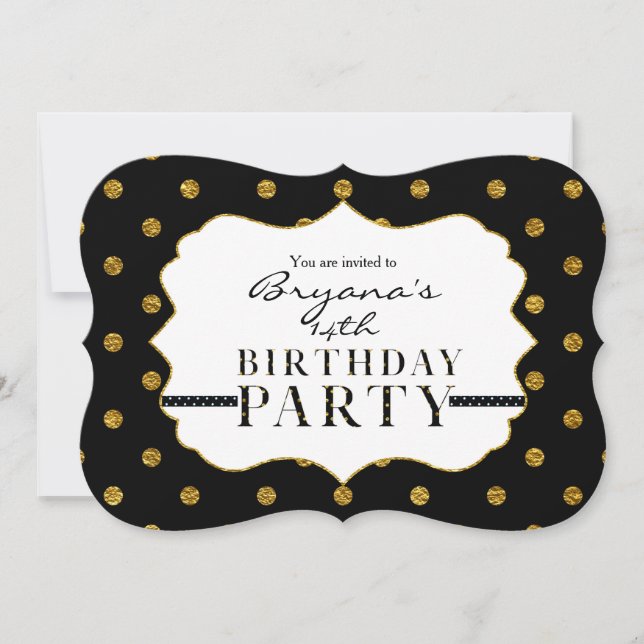 Black & Gold Faux Foil Polka Dots Party Invitation (Front)