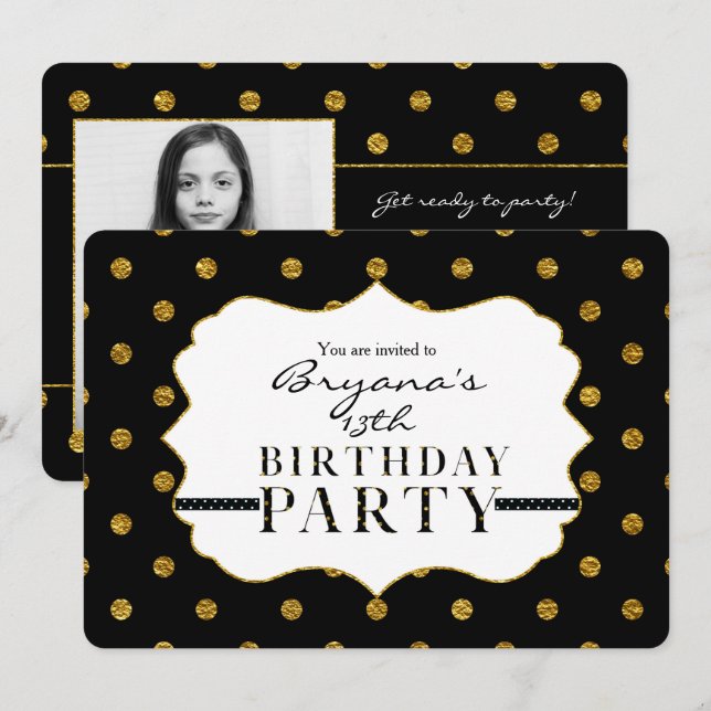 Black & Gold Faux Foil Polka Dots Photo Invitation (Front/Back)