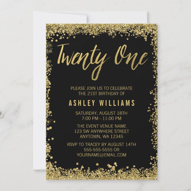 Black Gold Faux Glitter 21st Birthday Invitations (Front)