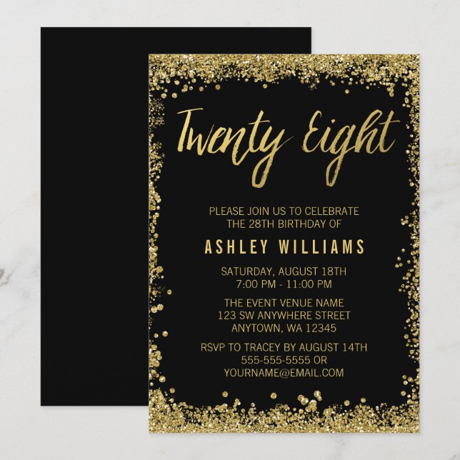 Black Gold Faux Glitter 28th Birthday Invitations (Front/Back)