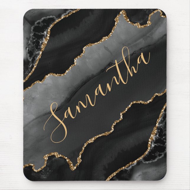 Black & Gold Faux Glitter Agate Mouse Mat (Front)