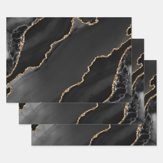 Black & Gold Faux Glitter Agate Wrapping Paper Sheet (Set)