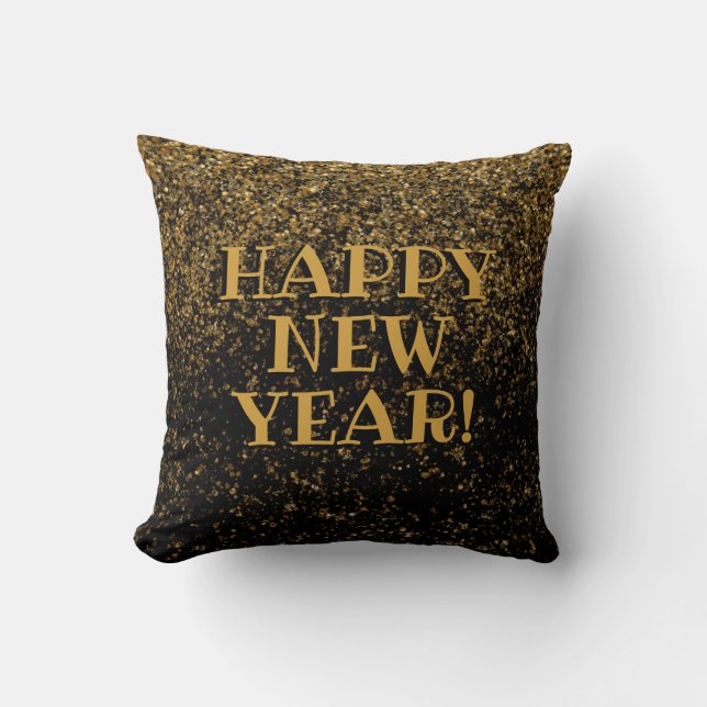 Black Gold Faux Glitter Confetti Happy New Year Cushion (Front)