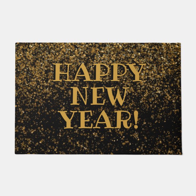 Black Gold Faux Glitter Confetti Happy New Year Doormat (Front)