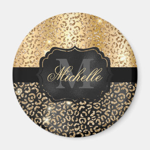 Black & Gold Faux Glitter Glam Leopard Spots Print Magnet