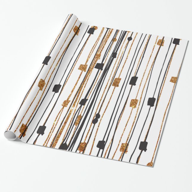 Black gold faux glitter hand drawn pattern wrapping paper (Unrolled)