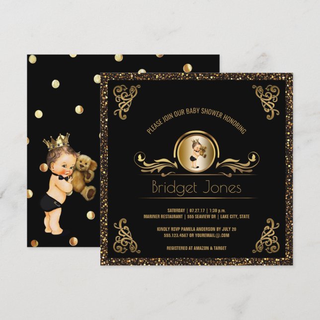 Black Gold Faux Glitter Prince Boy Baby Shower Invitation (Front/Back)