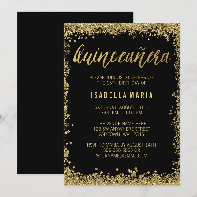 Black Gold Faux Glitter Quinceanera 15th Birthday Invitation (Front/Back)