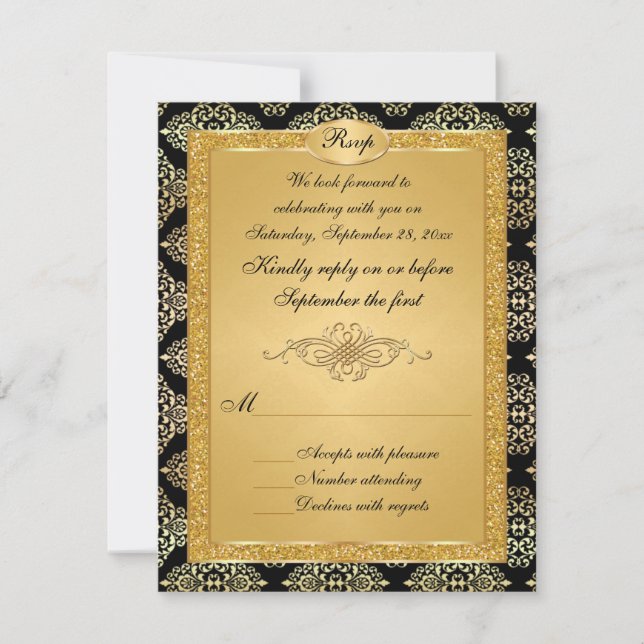 Black, Gold FAUX Glitter RSVP Card (Front)