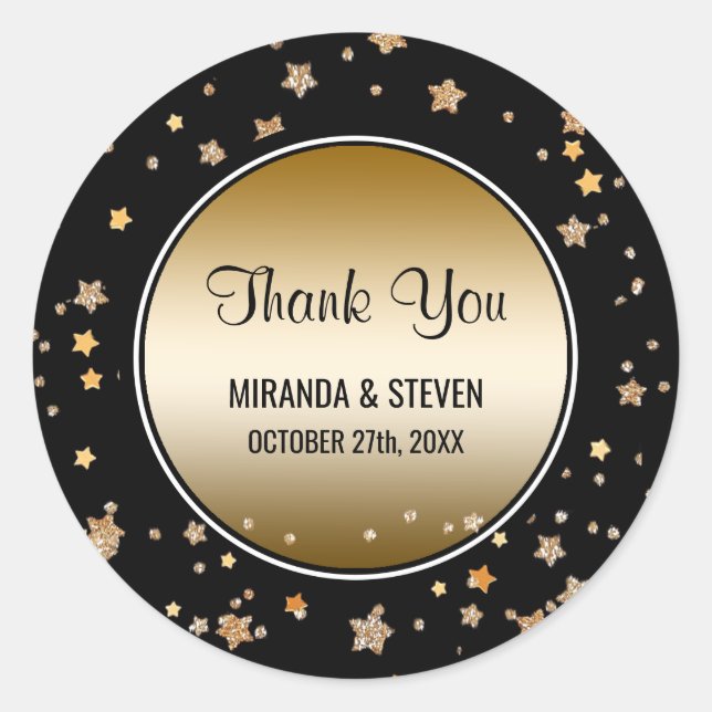 Black Gold Faux Glitter Stars | Wedding Favours Classic Round Sticker (Front)