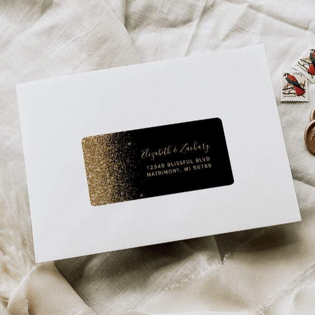 Black Gold Faux Glitter Wedding RSVP Self-Address Label (Creator Uploaded)