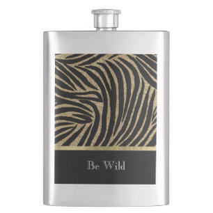 Black Gold Faux Glitter Zebra Hip Flask
