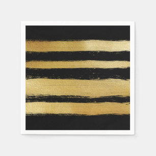 Black gold faux leaf modern brushstrokes stripes napkin