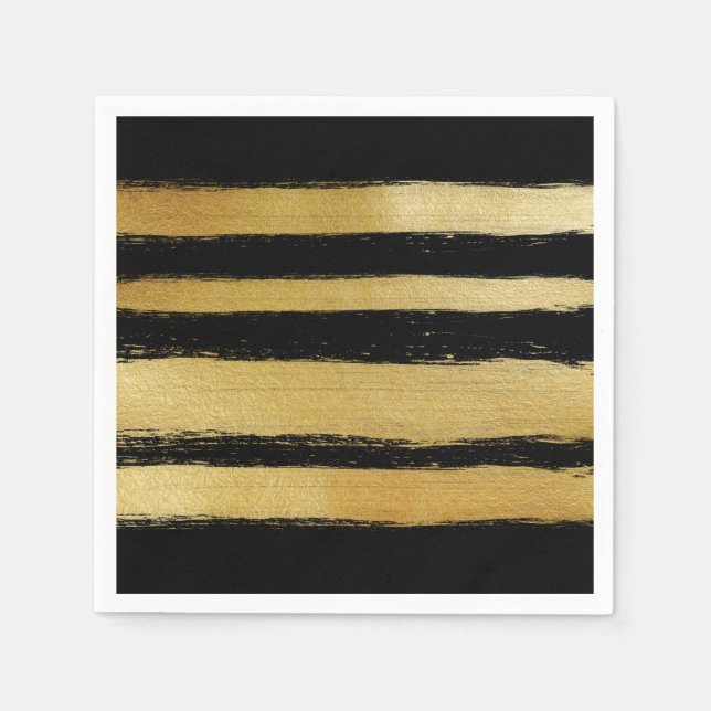 Black gold faux leaf modern brushstrokes stripes napkin (Front)