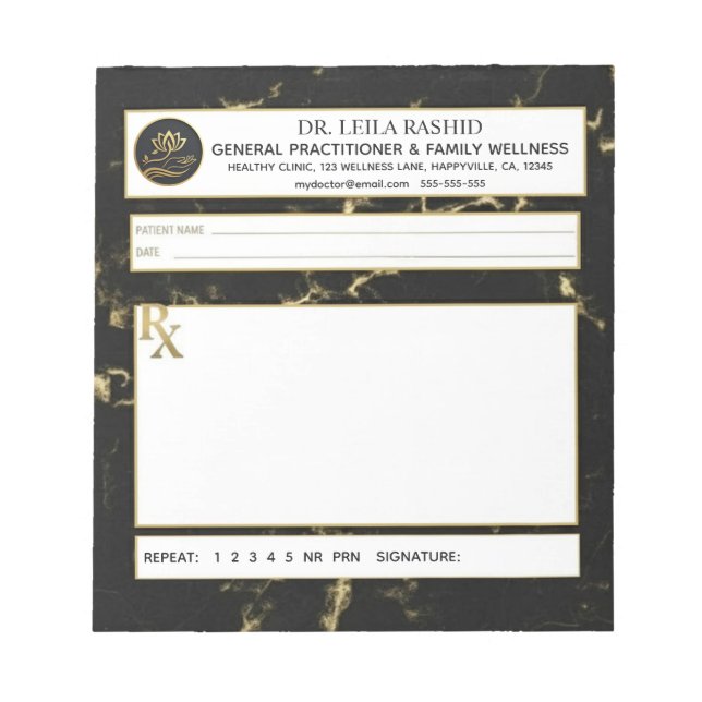 Black & Gold Faux Marble Doctor Prescription Notepad (Front)