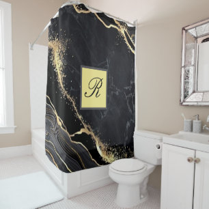 Black Gold Faux Marble Pretty Elegant Monogram Shower Curtain
