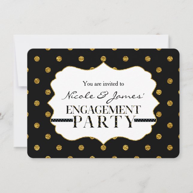 Black & Gold Faux Polka Dots ENGAGEMENT Invitation (Front)