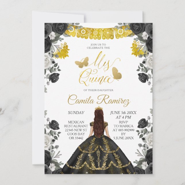 Black & Gold Fiesta Butterfly Mis XV Anos Invitation (Front)