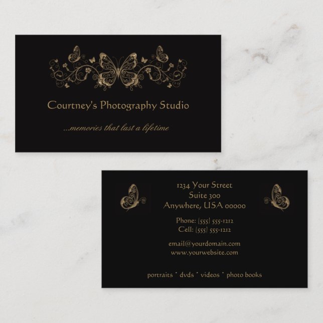 Black Gold Filigree Butterflies Business Cards (Front/Back)