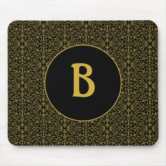 Black & Gold Filigree Monogram Mouse Mat (Front)