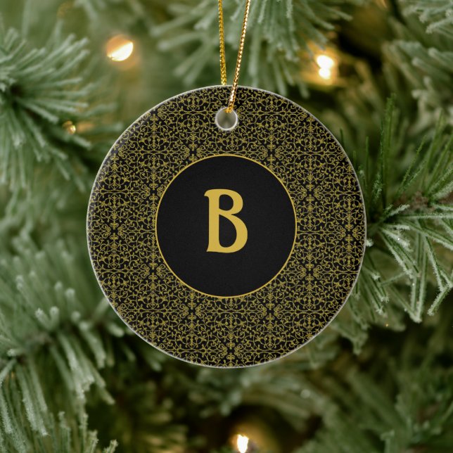 Black & Gold Filigree Monogram Personalised Ceramic Tree Decoration (Tree)
