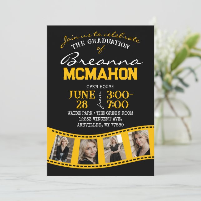 Black & Gold Filmstrip 5 Photo Graduation Invitation (Standing Front)