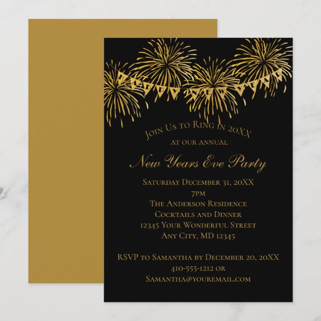 Black Gold Firework New Years Eve Party Invitation (Front/Back)