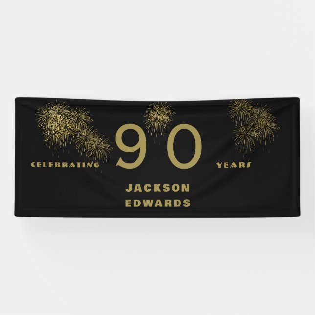 Black & Gold Fireworks 90th Black Birthday Party Banner (Horizontal)
