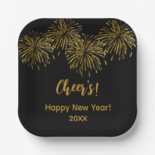Black Gold Fireworks Happy New Year Party  Paper Plate