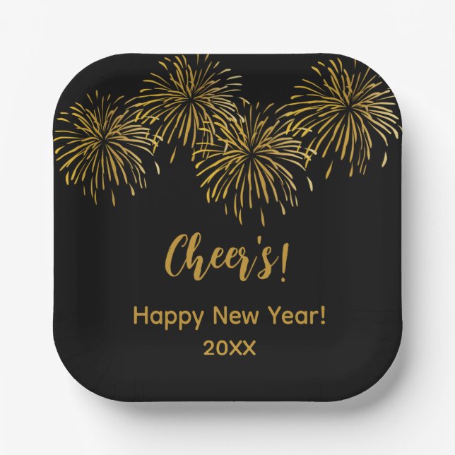 Black Gold Fireworks Happy New Year Party  Paper Plate (Front)