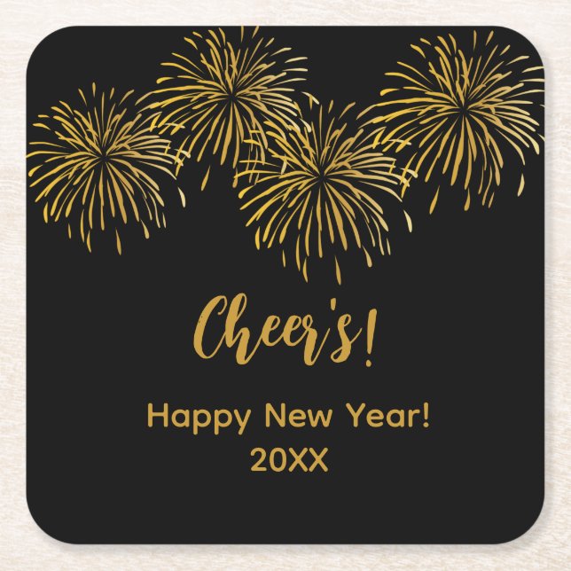 Black Gold Fireworks Happy New Year Party Square Paper Coaster (Front)