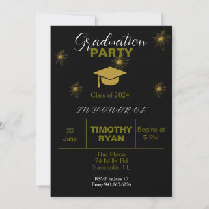 Black Gold Fireworks Modern Graduation Party Invitation