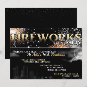 Black & Gold Fireworks Party Invitations