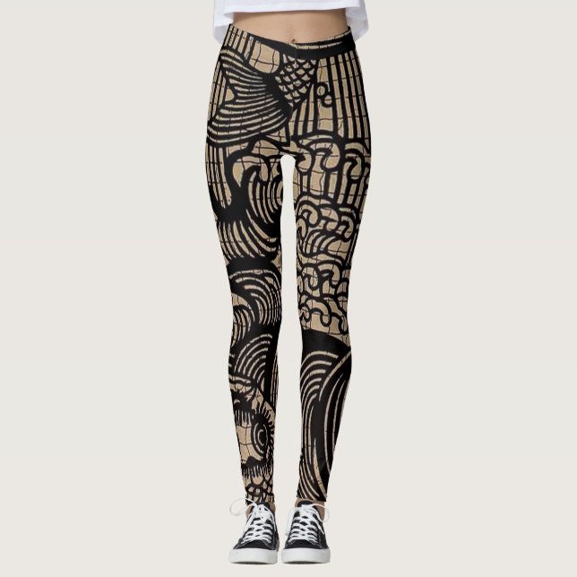 Black Gold Fish Print Leggings (Front)