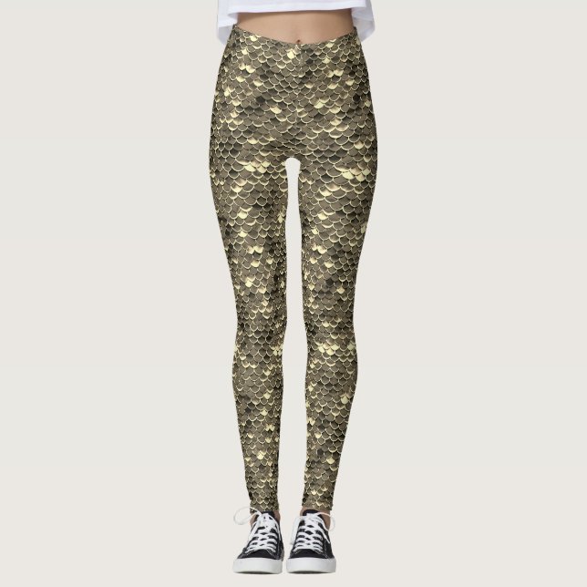 Black & Gold Fish Scale Mermaid Leggings Bottoms (Front)