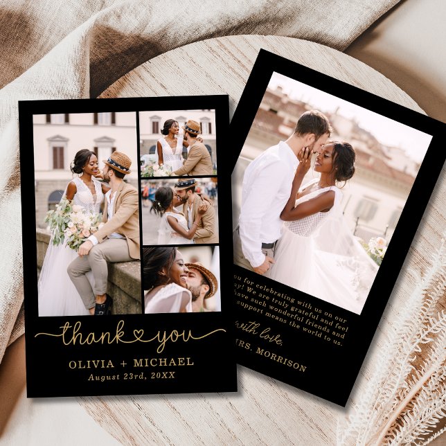 Black Gold Five Photo Collage Script Wedding Thank You Card (Creator Uploaded)