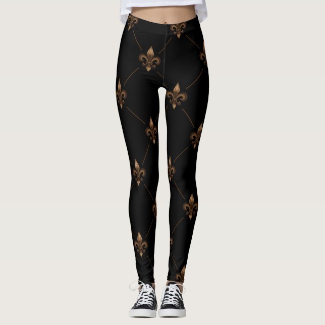 Black Gold Fleur De Lis Elegant Luxury Pattern Leggings (Front)