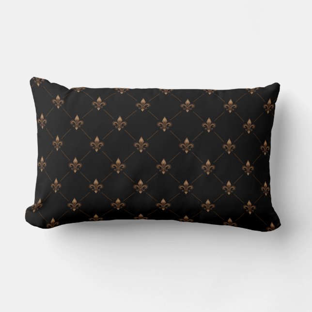 Black Gold Fleur De Lis Elegant Luxury Pattern Lumbar Cushion (Front)
