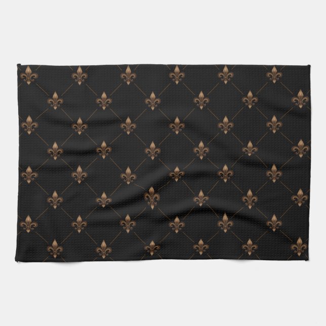 Black Gold Fleur De Lis Elegant Luxury Pattern Tea Towel (Horizontal)