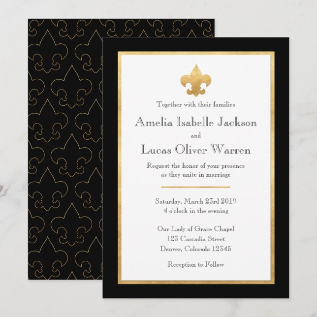 Black & Gold Fleur De Lis Wedding Invitation (Front/Back)